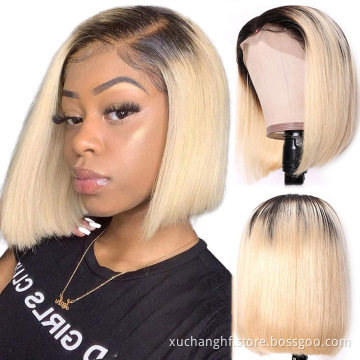 HD 613 Transparent Blonde Human Hair Full Lace Wig, Ombre Bob Half Lace Front Wig Human Hair, Blonde 613 Hd Lace Frontal Bob Wig